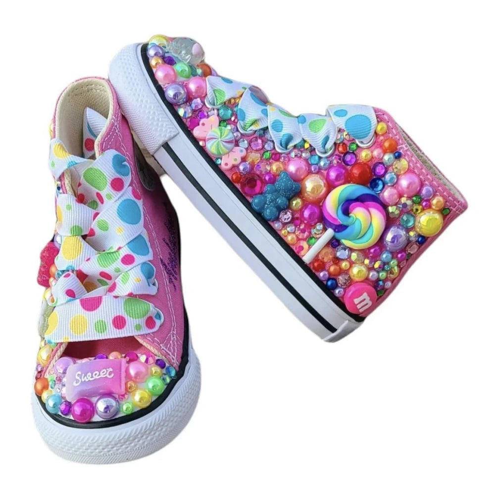Lollipop Rainbow Kids Pearls Sneakers Rhinestones Party Candyland Girl Canvas Shoes Pink Polka Dot Strings