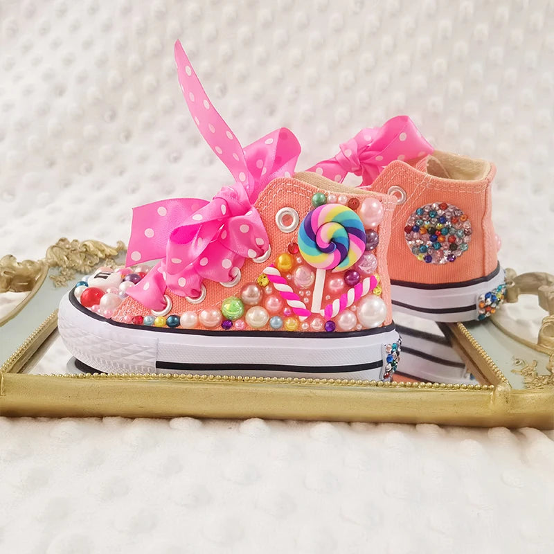 Lollipop Rainbow Kids Pearls Sneakers Rhinestones Party Candyland Girl Canvas Shoes Pink Polka Dot Strings